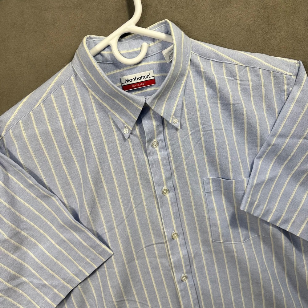 Manhattan Button Down Shirt Mens 17.5 Blue Striped Oxford Short Sleeve Excellent